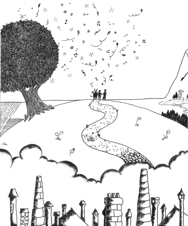 Dessin à l'encre : trois silhouettes sur un chemin sinueux, sous un grand arbre ; des notes de musique et des feuilles s'envolent au-dessus d'elles. En bas, les cheminées d'une ville émergent des nuages.