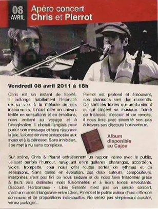 Affiche de l'apéro-concert Chris et Pierrot du vendredi 8 avril 2011 à 18 h, au Cajou.